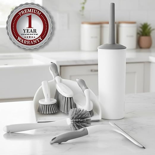 OVENTE Multipurpose Household Cleaning Kit, Deep Cleaning Brush Set with Wiper & Dustpan, Ergonomic Handle & Stiff Bristles, Ideal for Cleaning Kitchen, Bathroom, Dishes, Tiles & Sink, White CTB018WGY