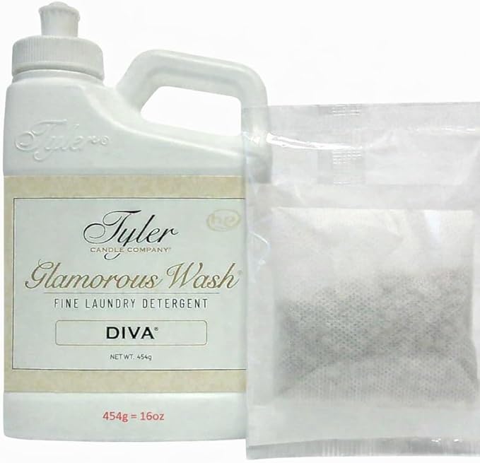 Tyler Candle Glamorous Liquid Wash Detergent Wash, Liquid, Diva, 16 Fl oz/with Dryer Sachet Single Pouch, Pull and Pour Spill Proof Cap oh