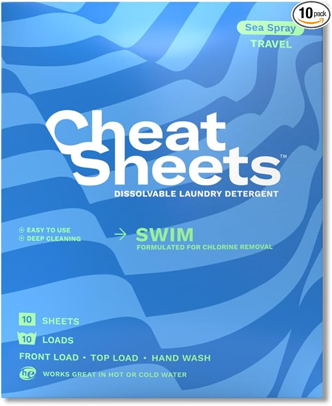 Cheat Sheets Laundry Detergent Sheets Swim Travel Packs Sea Spray - 10 Sheets (10 Loads) - Travel Friendly - Liquidless and Powderless - Eco-Friendly - Formulated For Swimwear and Bathing Suits