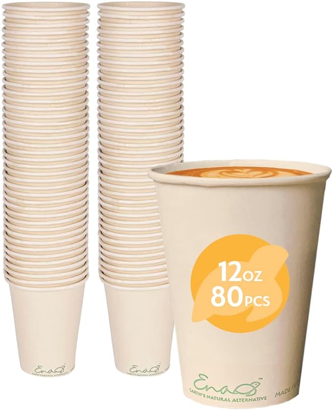 100% Compostable Disposable Coffee Cups [12oz 80 Pack] Paper Cups Made from Bamboo, Eco-Friendly, Biodegradable Premium Party Cups, Natural Unbleached by Earth's Natural Alternative