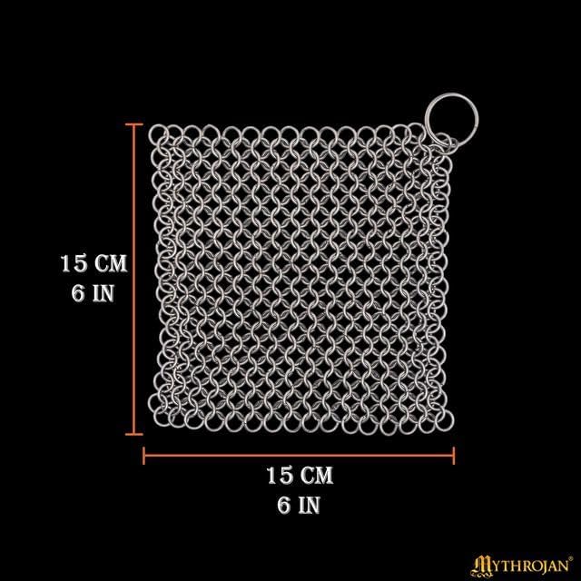 Mythrojan Cast Iron Scrubber 316 Stainless Steel Skillet Cleaner Chainmail Scrubber Chain Mail Scrub with Hanging Ring for Cast Iron Pre-Seasoned Pans (15 X 15cm)