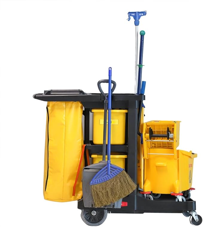 Restaurantware-RW Clean 44.3 x 20.1 x 37.8 Cleaning Cart, 1 Heavy-Duty Janitorial Cart - With 3 Shelves, 20-Gallon Nylon Bag, Plastic Housekeeping Cart, Wheeled, For Commercial Use