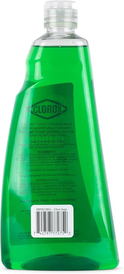 Clorox Ultra Concentrated Liquid Dish Soap with OXI, Citrus and Sage Scent - Bleach-Free Dermatologist Tested Dishwashing Detergent That Powers Through Grease, 26 Fl Oz - 2 Pack