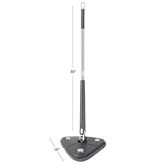 OVENTE Wall Cleaner Mop with 50" Adjustable Handle, Squeegee, Reusable and Easy to Clean Microfiber Pad, 360° Triangular Cleaning Tool Duster for Painted Walls/Baseboard/Window/Floor, Grey CTM311GY
