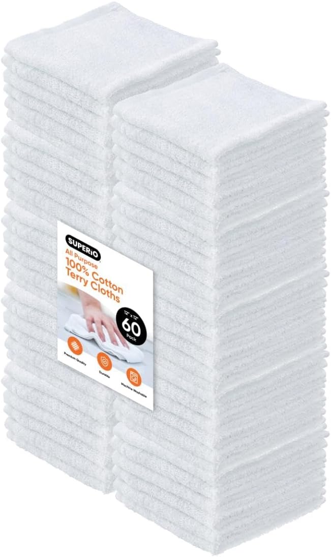 Superio Terry Cloth Rags White Washcloths 100% Cotton 12" Cleaning Cloths, Kitchen Towels, Facial Washcloth, Spa Cloths, Hand Towel, Small Lint Free Rags for Multi-Purposes, 60 Pack
