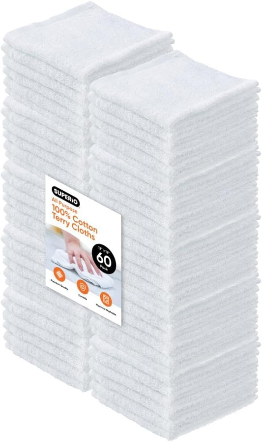 Superio Terry Cloth Rags White Washcloths 100% Cotton 12" Cleaning Cloths, Kitchen Towels, Facial Washcloth, Spa Cloths, Hand Towel, Small Lint Free Rags for Multi-Purposes, 60 Pack