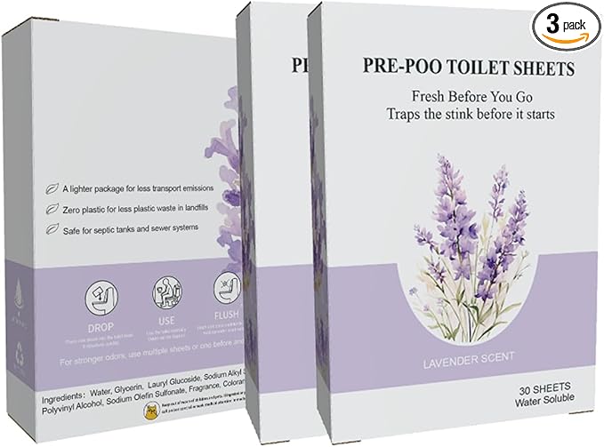 90 Dissolvable Pre-Poo Toilet Sheets Lavender Scent 3 Pack Odor Stopping Sheets Before You Go Toilet Spray Alternative Dissolvable Odor Blocking Travel Bathroom Essentials Also for Floor Cleaning