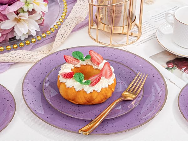 Liacere 32PCS Purple Plastic Plates - Purple Stone Plastic Disposable Tableware Plates Modern Dinnerware Set - Wedding & Warm Winter & Party & Easter Day