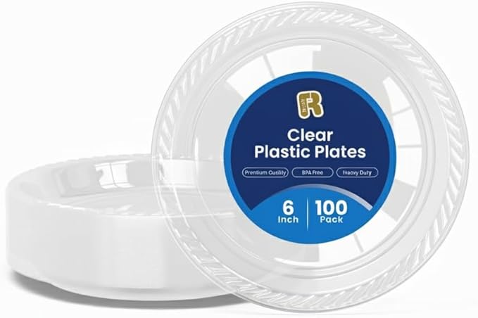 R-kay 100 Pack 6 Inch Clear Plastic Plates - Heavy Duty Small Dessert Plates - Microwavable Small Appetizer Plates - Premium 6 inch Disposable Plates