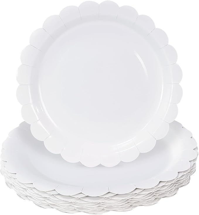 HEIPINIUYE 25 Pieces White Paper Plates 7 Inch White Scalloped Disposable Dinner Plates for Wedding Baby Shower Birthday Party Dessert Plate