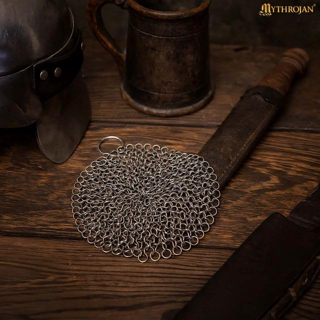 Mythrojan Cast Iron Cleaner 4.5" x 4.5" 316L Stainless Steel Chainmail Scrubber Round For Cast Iron Pan Griddle Skillet Dutch Oven Wok, Pan Pot BBQ Grills