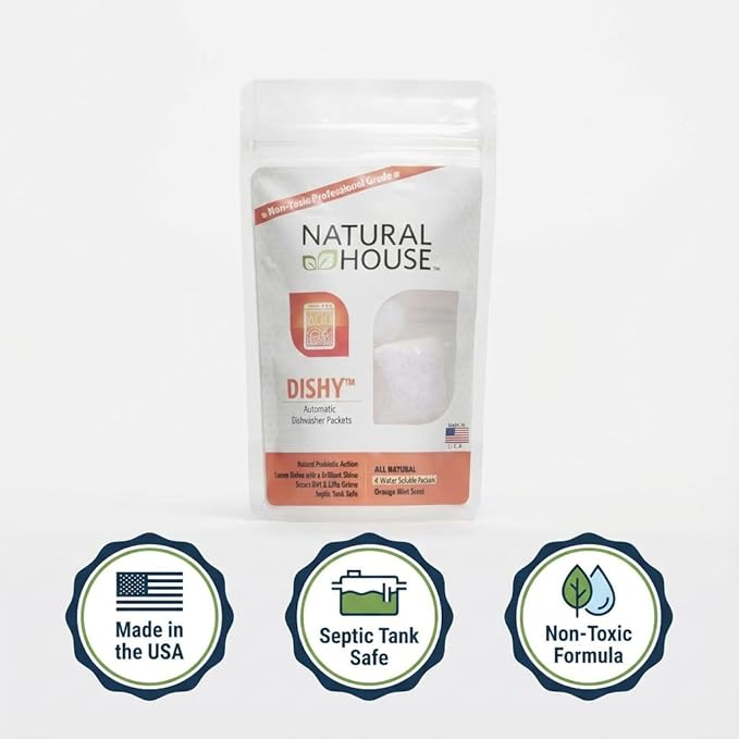 Natural House Dishy - Plant-Based Enzyme Dishwasher Detergent Pods - Septic-Safe, Plumbing-Friendly - Hard Water Compatible - Orange Mint Scent - 20 Count