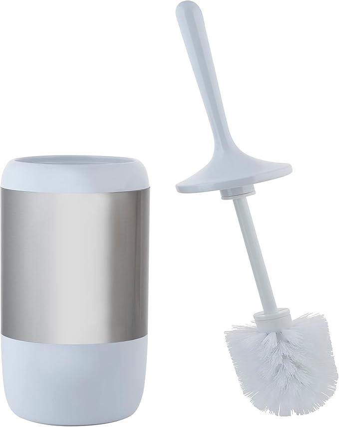 Bath Bliss Smooth Matte Stainless Waste Bin and Toilet Brush | Dimensions: 7.9" x 7.9" x 9.8"- Wastebasket | Dimensions: 4.7"x 4.7"x 16.5"- Toilet Brush| Bathroom Accessories | White