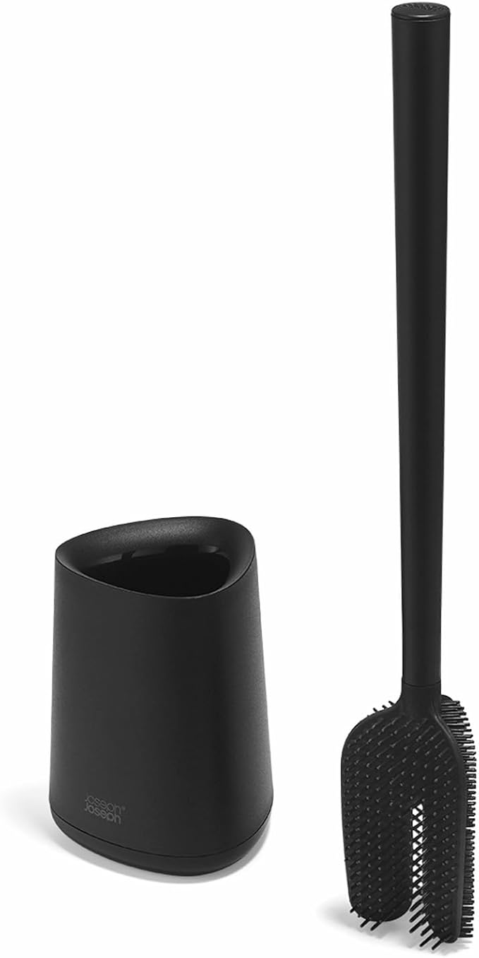 Joseph Joseph Flex 360 Lite, Advanced Smart Toilet Brush and Small Storage Holder Set with Anti-drip, Anti-Clog, Triple-Action Replaceable Brush Head - Black