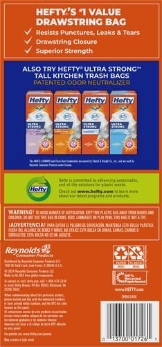 Hefty Strong White 13 Gallon Trash Bags with Drawstrings, Unscented Tall Kitchen Trash Bags, Resists Leaks, Punctures, and Tears, Durable Closure, 120 Ct. (Pack of 3)