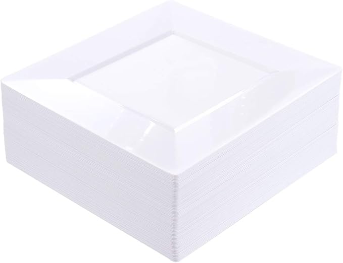 bUCLA 60Pieces White Plastic Plates - 9.5inch White Square Plates- Premium Hard Plastic Dinner Disposable for Weddings& Parties