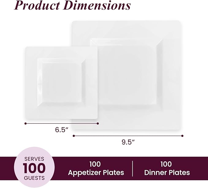 Aya's Cutlery Kingdom 200 Square Disposable Plates - White, Heavy-Duty 100 Plastic Dinner Plates (10-Inch) and 100 Salad Appetizer (7-Inch) for Weddings, Thanksgiving, Parties, Celebrations, Christmas