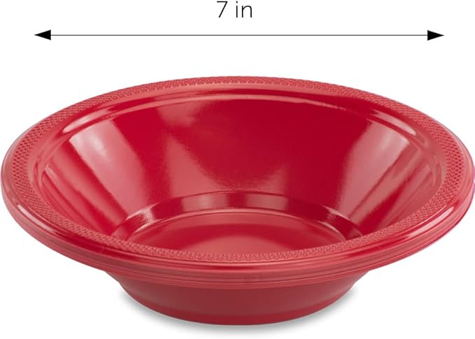 DecorRack 24 Small Plastic Bowls, 7 inch Disposable 12 oz Serving Bowl, Fruit Snack, Popcorn, Soup, and Salad, Kids Birthday and Holiday Party Supplies, Red (Pack of 24)