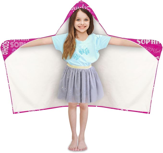 Custom Name Beach Towel for Boys Girls, Kids Babies Personalized Name Hooded Beach Towel Quick-Drying for Beach, Travel, Camping, Seaside, Swimming, Rosy Pink Color Background
