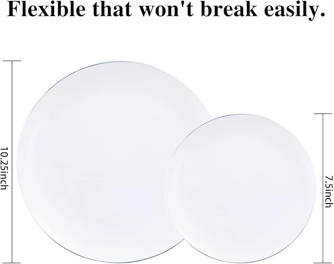 KIRE 100PCS Silver Plastic Plates - Heavy Duty White Disposable Plates with Silver Rim for Party/Wedding - Include 50Pcs 10.25inch Dinner Plates and 50Pcs 7.5inch Dessert Plates for Party/Father's Day