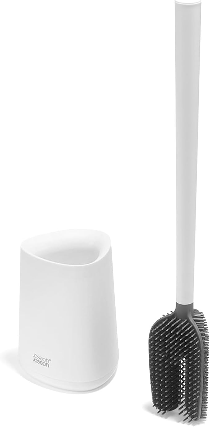 Joseph Joseph Flex 360 Lite, Advanced Smart Toilet Brush and Small Storage Holder Set with Anti-drip, Anti-Clog, Triple-Action Replaceable Brush Head - White