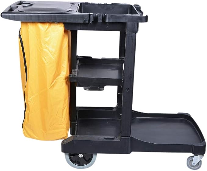 Restaurantware-RW Clean 44.3 x 20.1 x 37.8 Cleaning Cart, 1 Heavy-Duty Janitorial Cart - With 3 Shelves, 20-Gallon Nylon Bag, Plastic Housekeeping Cart, Wheeled, For Commercial Use