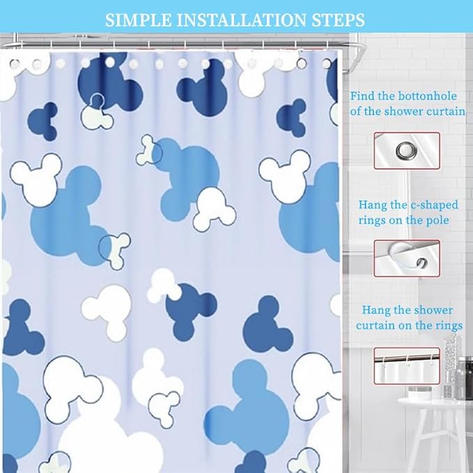 Cartoon Mouse Head Shower Curtain - Kids Bath Curtain Sets - Waterproof Polyester Home Bathtub Decor with 12 Hooks，72x72 Inch Blue,CC-1