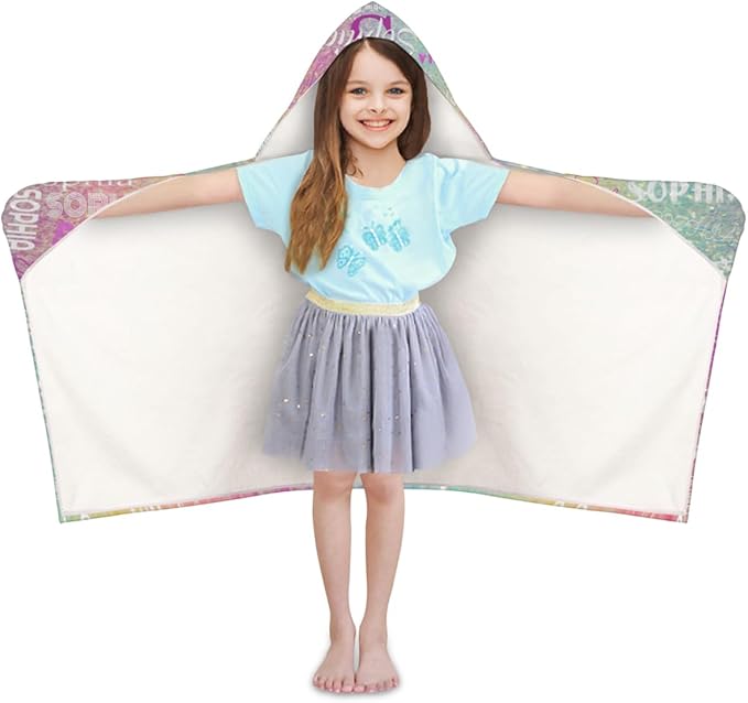 Custom Kids Hooded Beach Towel with Name, Swimsuit Cover-up Wrap Travel Holiday Bath Towel with Snaps, One Size, Colorful Rainbow Glitters Effect Name Ranked Print