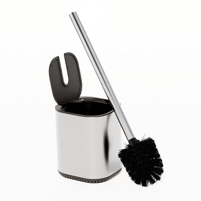 Home Zone Living Toilet Brush with Automatic Lid and Stainless Steel Handle, Compact Bathroom Cleaning Tool