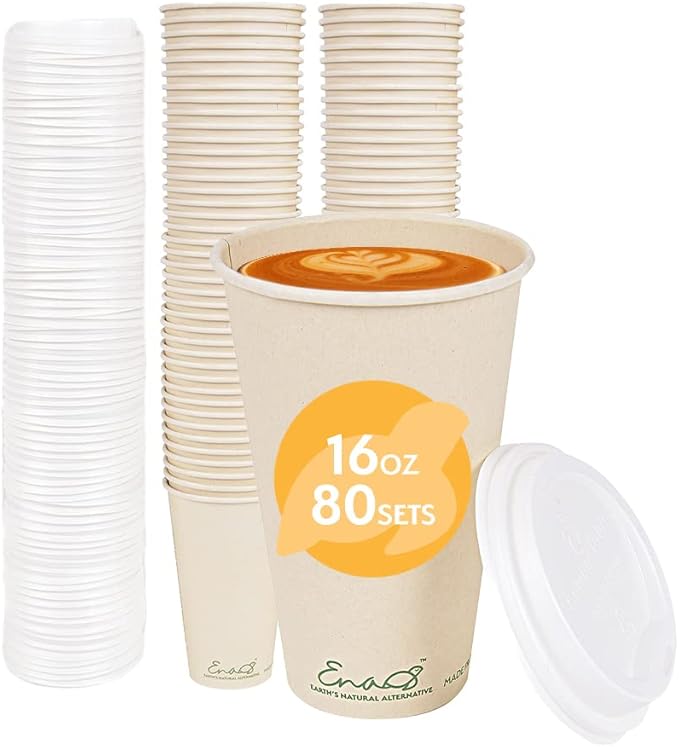 Earth's Natural Alternative 100% Compostable Disposable Coffee Cups with Lids [16oz 80 Set] Paper Cups Made from Unbleached Bamboo Fiber, Compostable, To Go Coffee Cups with Lids