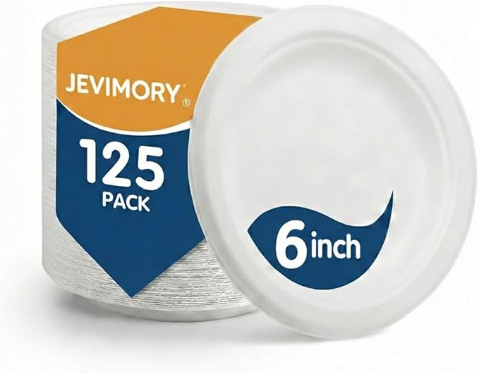 125 Pack 6 inch Paper Plates, Heavy-Duty Disposable Paper Plates 100% Compostable - Biodegradable Bagasse Dessert Plates Bulk for Party, Wedding, Snacks (Natural) (6 Inch 125 Pack White)