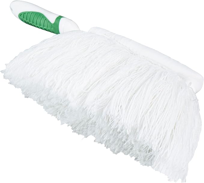 Restaurantware Duster 10 Pack of 13.7 x 2.1 x 2.5 Inch Cotton Duster Washable Multipurpose Cleaning Tool Non-Slip Handle Green and White Dust Remover Tool