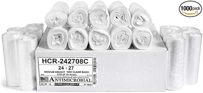 Aluf Plastics High Density Trash Bags, 12 Gallon, 1000 Count, 8 Micron (eq), 24" x 27", Clear, for Bathroom, Office, Industrial, Commercial, Janitorial, Municipal, Recycling