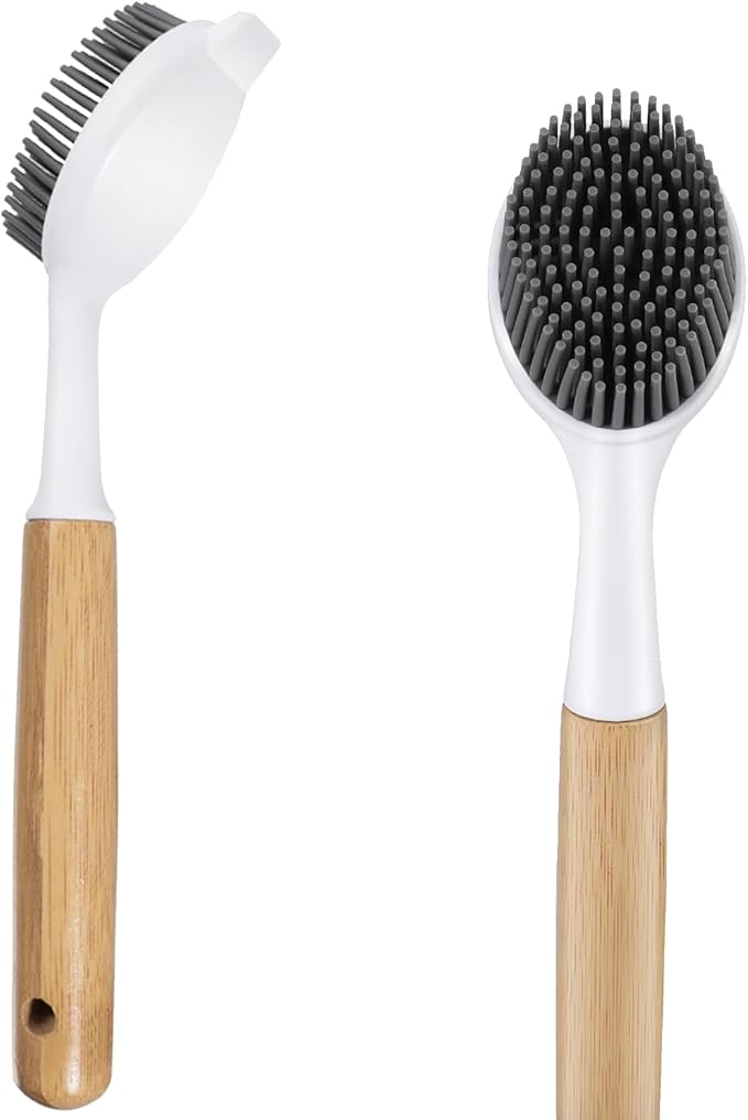 Bamboo Dish Brush with Handle – Wooden Scrub Brush for Cast Iron, Sink, Pots & Dishes – Kitchen Dish Washing Brush with Nylon Bristles – Durable Dish Scrubber for Cleaning