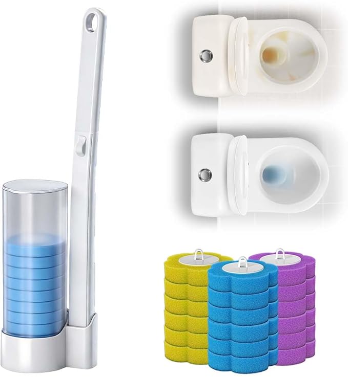 Disposable Toilet Cleaning System: Toilet Brush & Holder Kit with 18PCS Pre-Soaked Cleaner Wall-Mount Scrubbing Toilet Brush Bathroom Cleaning Kit (White)