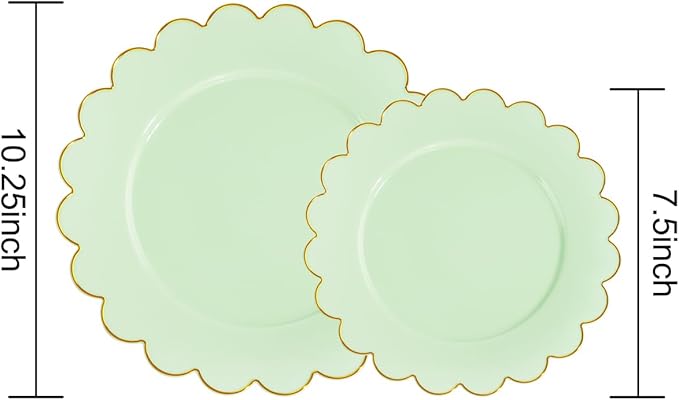 LIYH 60 Pcs Light Green Plastic Plates with Gold Edges, Disposable Sage Green and Gold Plastic Plates Includes 30 Dinner Plate 10.25 Inch and 30 Dessert Plate 7.5 Inch for Birthday Party
