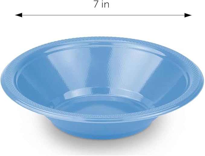 DecorRack 24 Small Plastic Bowls, 7 inch Disposable 12 oz Serving Bowl, Fruit Snack, Popcorn, Soup, and Salad, Kids Birthday and Holiday Party Supplies, Light Blue (Pack of 24)