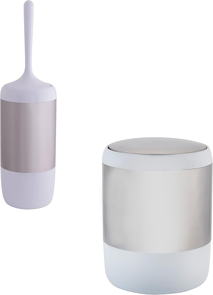 Bath Bliss Smooth Matte Stainless Waste Bin and Toilet Brush | Dimensions: 7.9" x 7.9" x 9.8"- Wastebasket | Dimensions: 4.7"x 4.7"x 16.5"- Toilet Brush| Bathroom Accessories | White