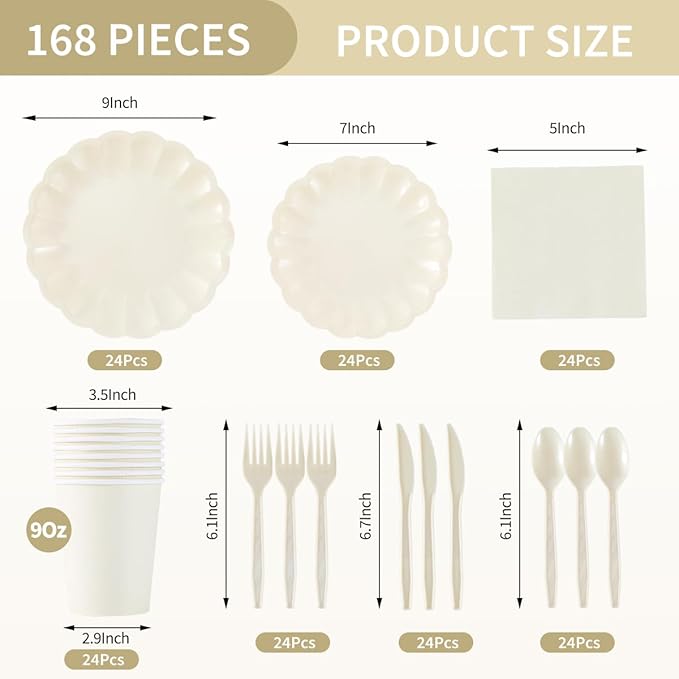 168Pcs Party Plates and Cups and Napkins Sets for 24 Guest Scalloped Paper Plates and Napkins Knives Spoons Forks Cups Disposable Party Set Cutlery for Dinner Baby Shower Wedding Favor(Cream White)