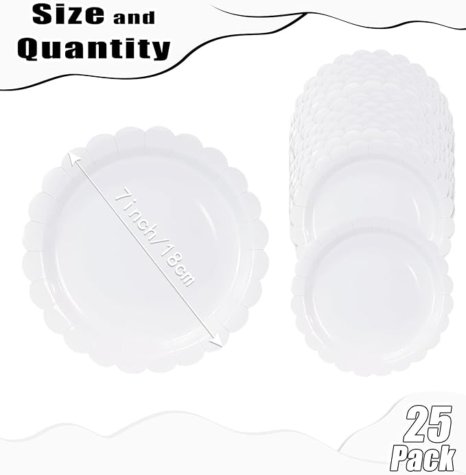 HEIPINIUYE 25 Pieces White Paper Plates 7 Inch White Scalloped Disposable Dinner Plates for Wedding Baby Shower Birthday Party Dessert Plate