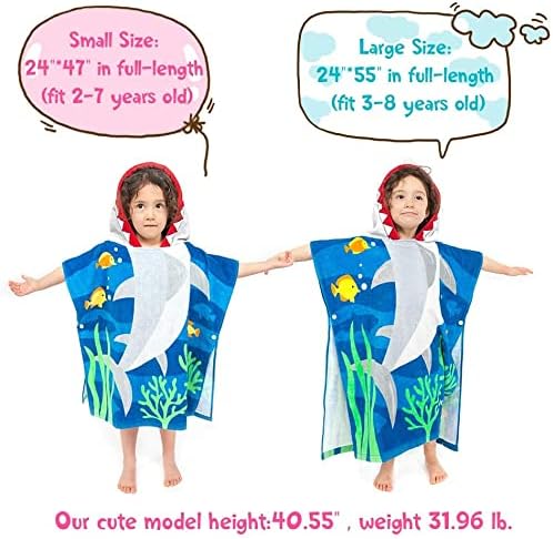 Florica Toddler Hooded Beach Towel Coverup Cape Kids 100% Cotton Soft Quick Dry Absorbent Use for Swim Pool Bath Poncho Towels for 3 to 8 Years Old Children Size 24"x 55" in Full-Length (Brave Shark)