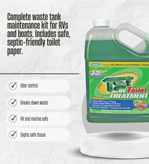 Camco TST Tank Treatment 1 pk Bundle with Toilet Tissue – Breaks Down Waste, Controls Odor for Up to 7 Days, and Treats Up to 40-Gallon RV or Marine Tanks – Gift Set (3 Items).