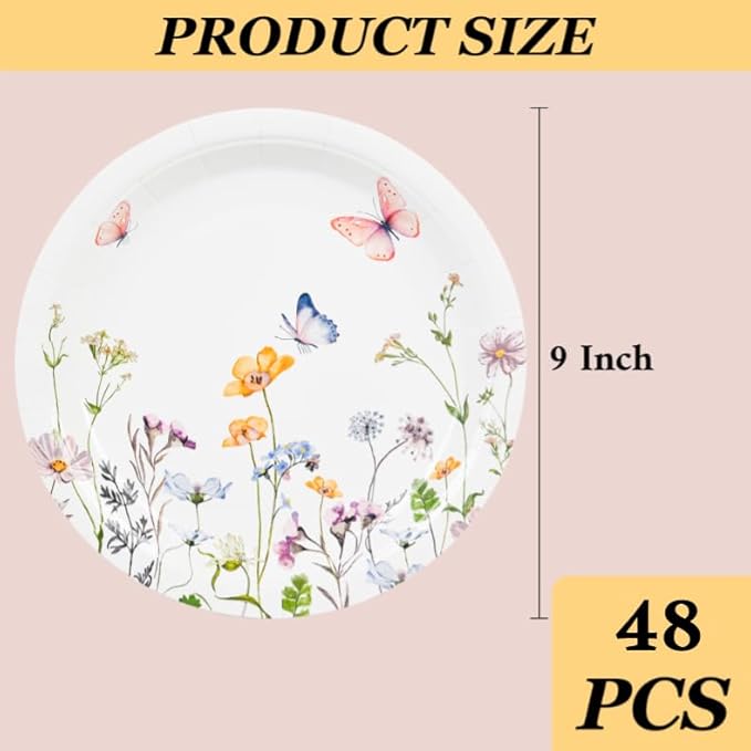 AimFun 48 Pcs Wildflower Paper Plates 9 Inch Disposable Floral Plates Spring Summer Watercolor Rustic Botanical Dinner Plates for Baby Shower Birthday Bridal Shower Wedding Tea Party