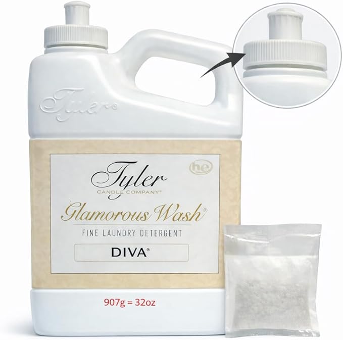 Tyler Candle Glamorous Liquid Wash Detergent Wash, Liquid, Diva, 32 Fl oz/with Dryer Sachet Single Pouch, Pull and Pour Spill Proof Cap fl