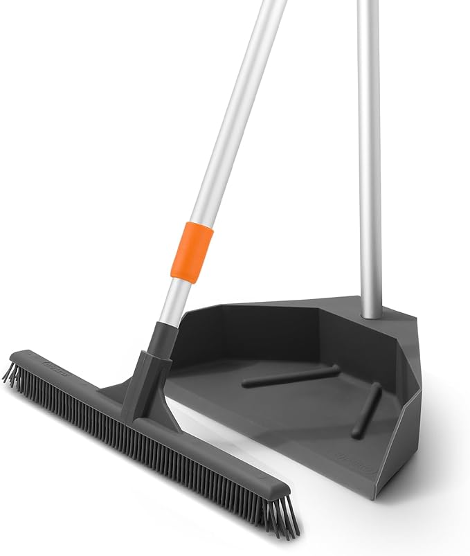 Superio Silicone Broom - Carpet Rake with 35" Long Handle Dustpan Set - Rubber Broom for Pet Hair on Carpet & Hardwood Floors, Stand-Up Dustpan with Aluminum Handle - Gray