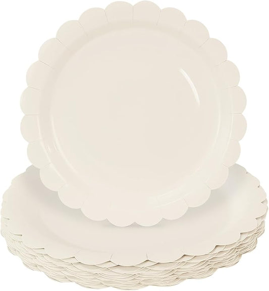 HEIPINIUYE 25 Pcs Ivory Scalloped Paper Plates 9 Inches Disposable Paper Party Plates for Cake Dessert Baby Shower Wedding Birthday Party Supplies