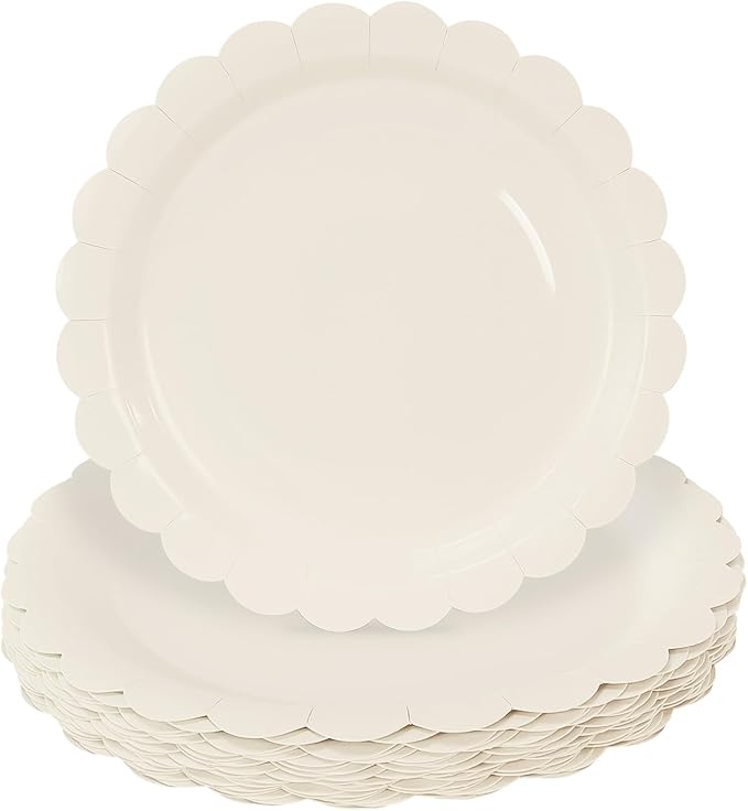HEIPINIUYE 25 Pieces Ivory Paper Plates 7 Inch Ivory Scalloped Plates Disposable Dinner Plate for Wedding Baby Shower Birthday Party Dessert Plate