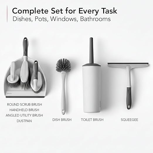 OVENTE Multipurpose Household Cleaning Kit, Deep Cleaning Brush Set with Wiper & Dustpan, Ergonomic Handle & Stiff Bristles, Ideal for Cleaning Kitchen, Bathroom, Dishes, Tiles & Sink, White CTB018WGY