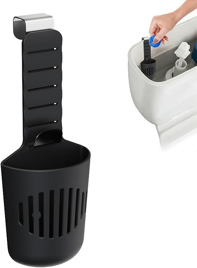 Adjustable Toilet Tank Tablet Holder, Hanging Controlled Release Bleach Tablet Dispenser, Large Silicone Basket Carrier with Rustproof Hooks for Toilet Tank, Fit Up to 7" Water Level,Black