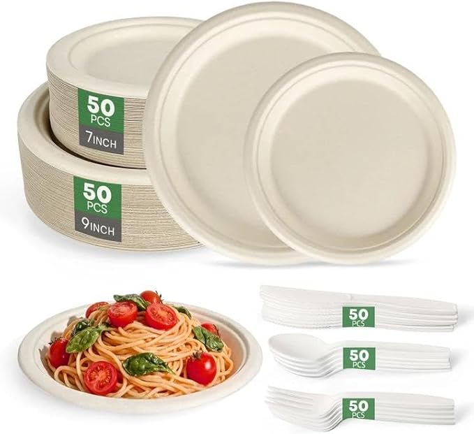 Compostable Plates 9&7 Inch with Cutlery，Heavy Duty Paper Plates 50 Pack, Disposable Dinnerware Sets Biodegradable Sugarcane Bagasse Dinner Plates for Everyday Use, Party, Family (Microwave Safe)